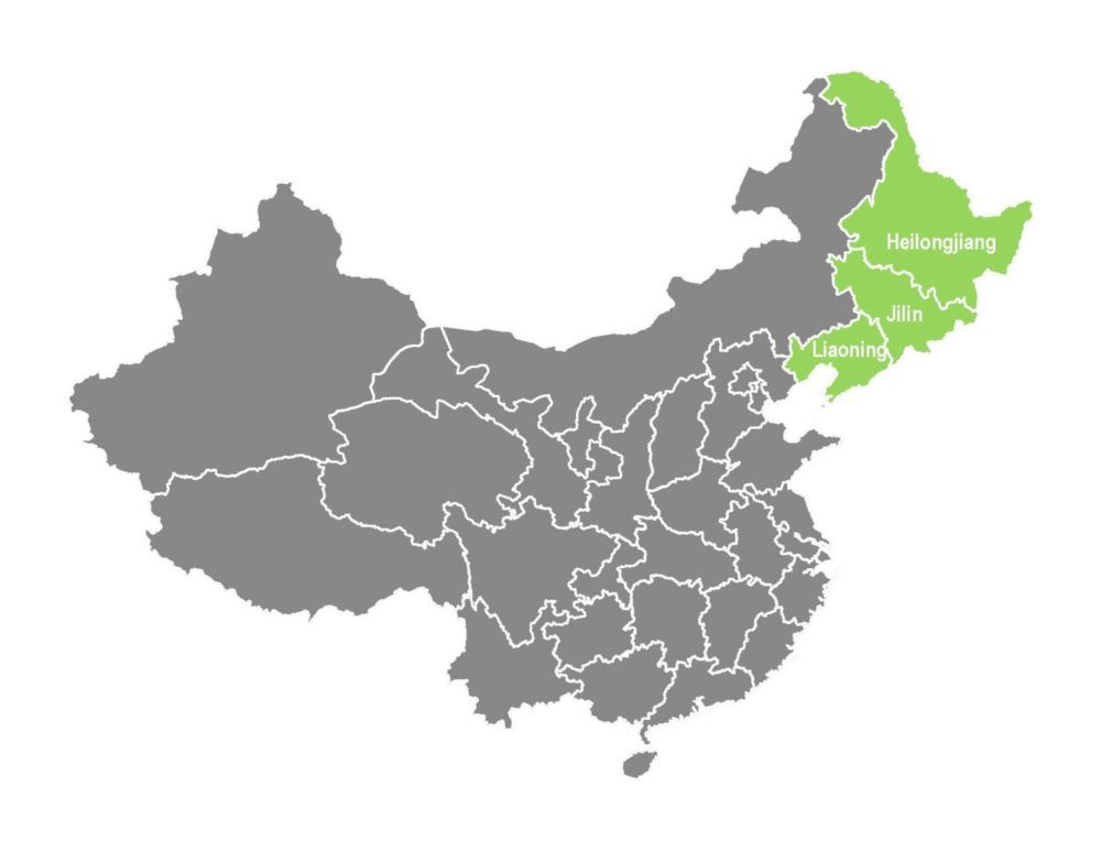 China regions graphic with Heilongjiang, Jilin and Liaoning in green