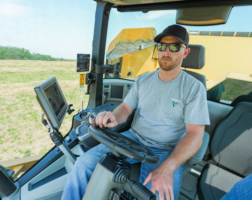 Inside the cab of the ZR-4S self propelled baler. 